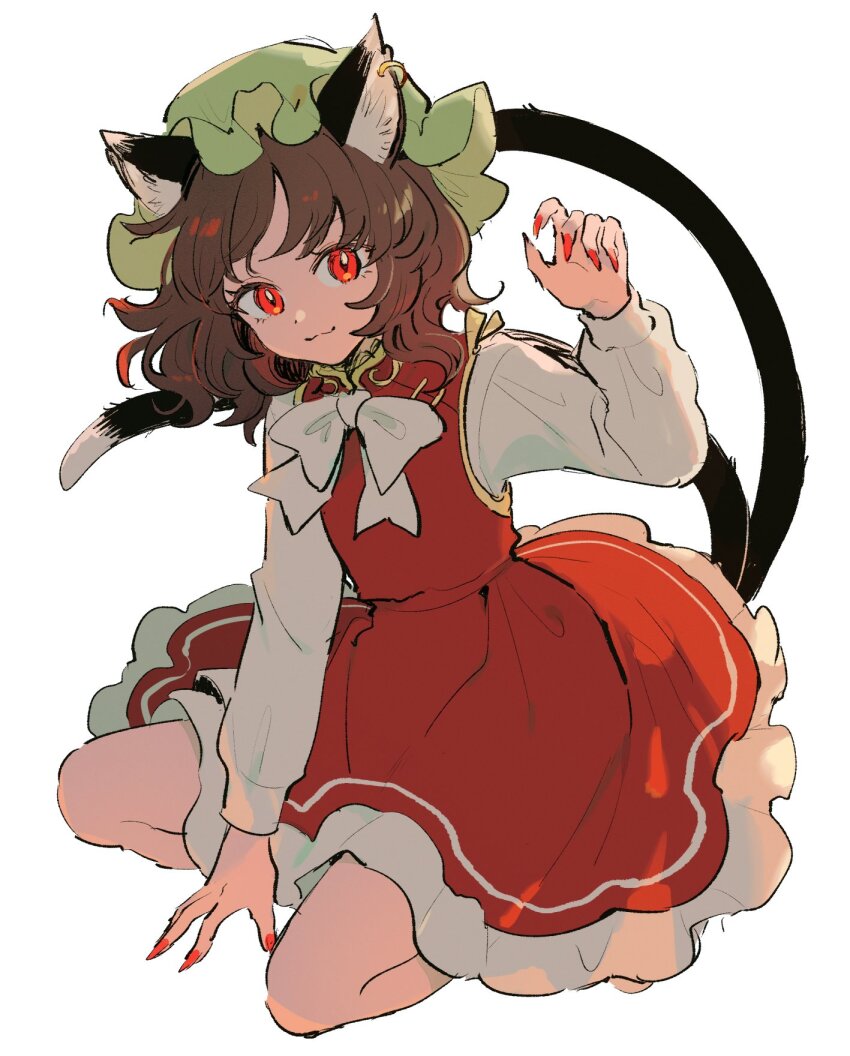 1girl :3 between_legs chen fingernails full_body hand_between_legs hand_up highres kneeling looking_at_viewer mozukuzu_(manukedori) nekomata red_eyes red_nails sharp_fingernails simple_background solo touhou white_background