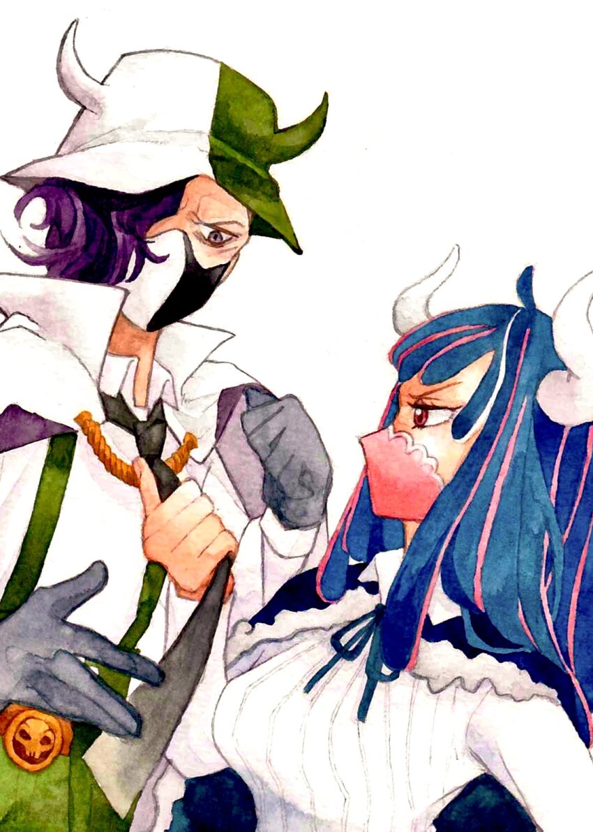 1boy 1girl blue_cape blue_hair brother_and_sister cape gloves hair_over_one_eye hat highres horns long_hair mask mouth_mask one_piece page_one_(one_piece) profile purple_hair shirt short_hair siblings simple_background sinoda_maru7326 striped_clothes striped_shirt ulti_(one_piece) upper_body vertical-striped_clothes vertical-striped_shirt white_background