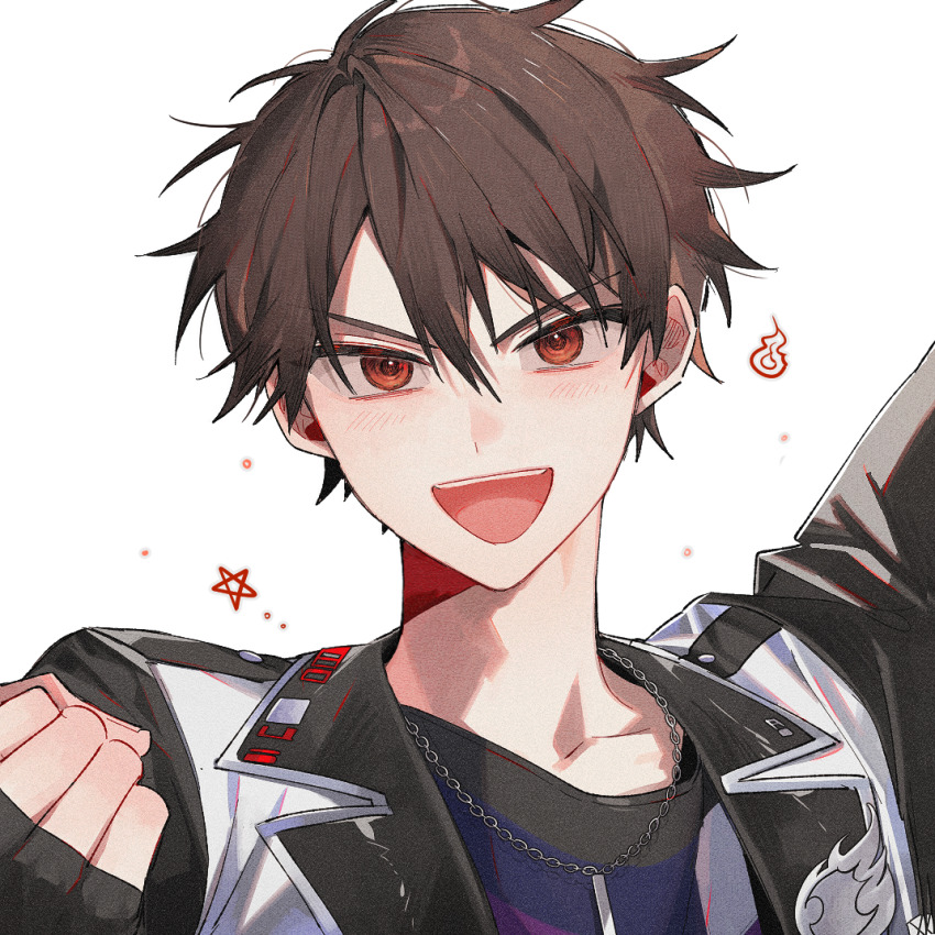 1boy anight brown_hair clenched_hand ensemble_stars! fingerless_gloves gloves hair_between_eyes jacket jewelry looking_at_viewer male_focus morisawa_chiaki necklace official_alternate_costume open_mouth red_eyes short_hair simple_background smile solo upper_body white_background