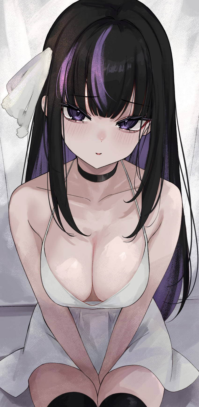 1girl absurdres arms_between_legs black_choker black_hair breasts choker collarbone colored_inner_hair dress hair_between_eyes hair_over_shoulder highres indie_virtual_youtuber large_breasts looking_at_viewer looking_up multicolored_hair purple_eyes purple_hair rifufu ririsya sitting solo streaked_hair thighhighs virtual_youtuber white_dress zettai_ryouiki