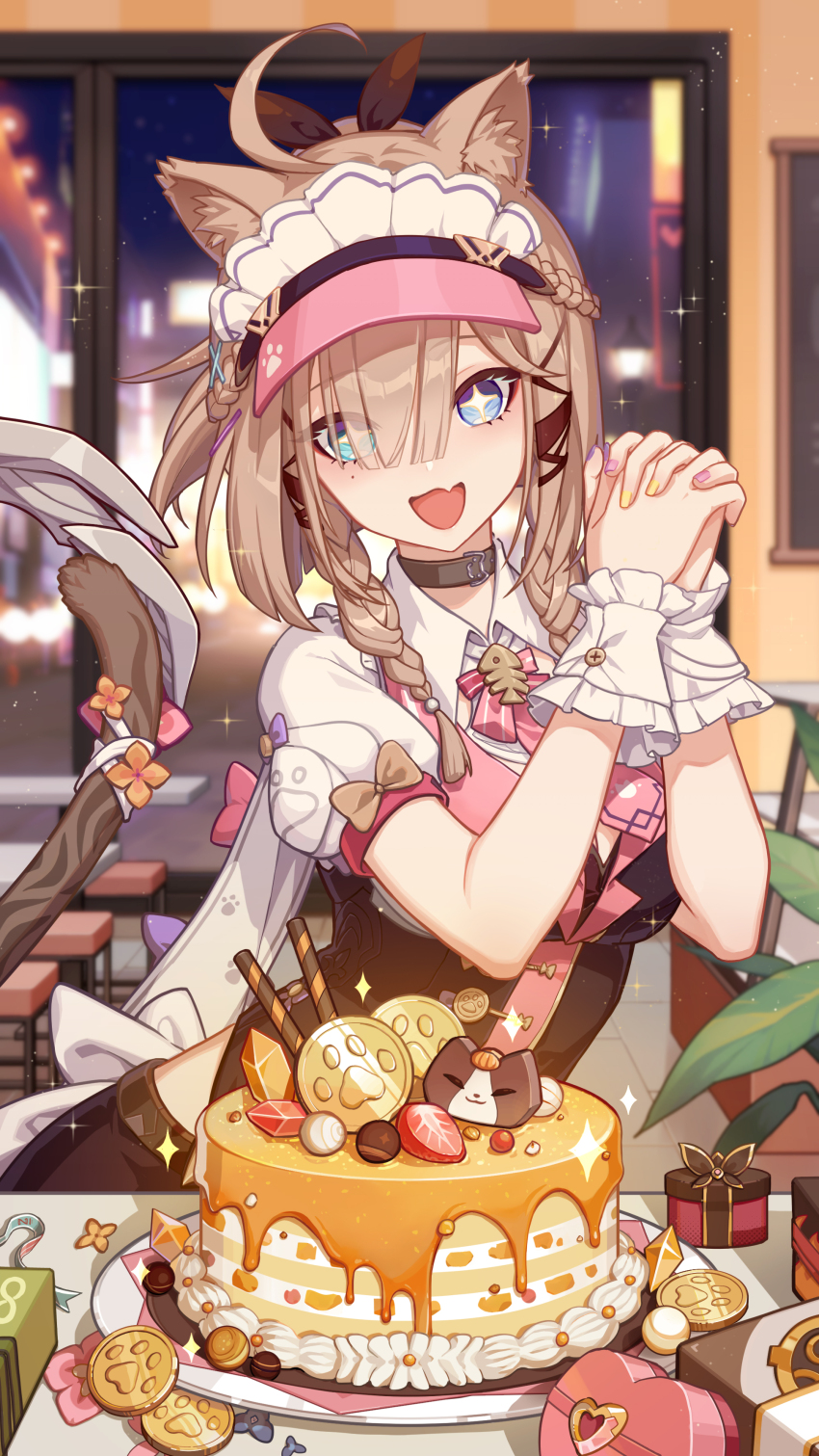 1girl absurdres animal_ears birthday_cake black_choker black_shirt black_skirt blue_eyes box braid breasts brown_hair cake cake_decoration can_(honkai_impact) cat_ears cat_girl cat_tail choker coin dress eyes_visible_through_hair fang food gift gift_box gold_coin green_eyes hair_between_eyes hat heart-shaped_box heterochromia highres honkai_(series) honkai_impact_3rd indoors medium_breasts medium_hair night night_sky official_art own_hands_together pardofelis pardofelis_(meowtose_macchiato) pink_hat plate puffy_short_sleeves puffy_sleeves shirt short_sleeves skin_fang skirt sky star-shaped_pupils star_(symbol) symbol-shaped_pupils tail twin_braids upper_body