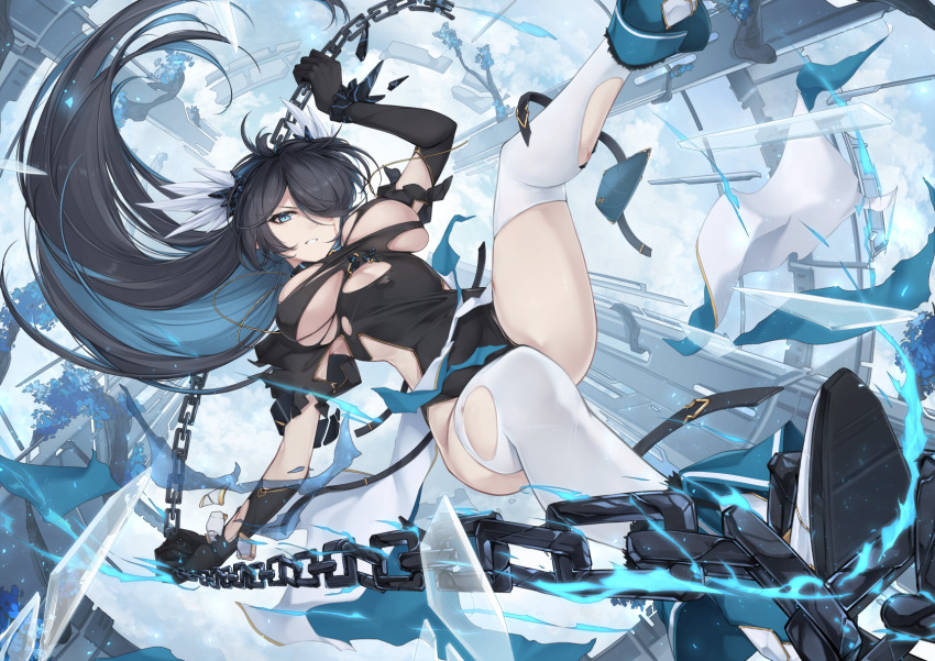 1girl black_dress black_gloves black_hair blue_eyes blue_hair breasts broken broken_chain chain clenched_teeth colored_inner_hair dress elbow_gloves floating_hair gloves hair_over_one_eye head_wings high_heels highres holding holding_chain large_breasts long_bangs long_hair looking_at_viewer midair multicolored_hair one_eye_covered original pantyhose parted_lips solo teeth thighhighs torn_clothes torn_dress torn_gloves torn_pantyhose torn_thighhighs two-tone_hair underboob very_long_hair weapon white_thighhighs wings yue_ying_jin_feng