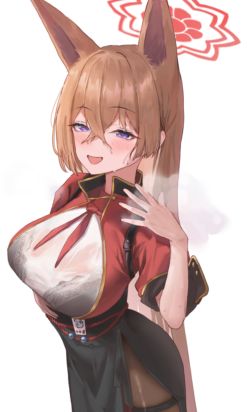 1girl absurdres animal_ear_fluff animal_ears black_bra black_pantyhose black_skirt blue_archive blue_eyes blush bra brown_hair embroidered_bra fanning_self fox_ears fox_girl hair_between_eyes hand_on_own_stomach highres long_hair looking_at_viewer nekoplanetouo open_mouth pantyhose red_ribbon red_shirt ribbon rumi_(blue_archive) shirt sidelocks skirt steam underwear wet wet_clothes wet_shirt white_shirt