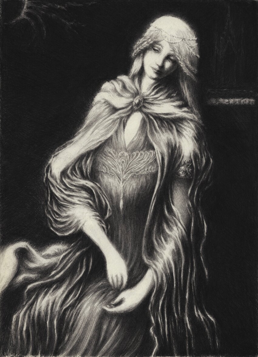 1girl absurdres allonnos black_background black_theme brooch charcoal_(medium) cloak dress elden_ring fia_the_deathbed_companion great_rune_(elden_ring) greyscale hand_on_lap head_tilt highres jewelry long_hair looking_down monochrome parted_bangs sitting solo traditional_media upper_body
