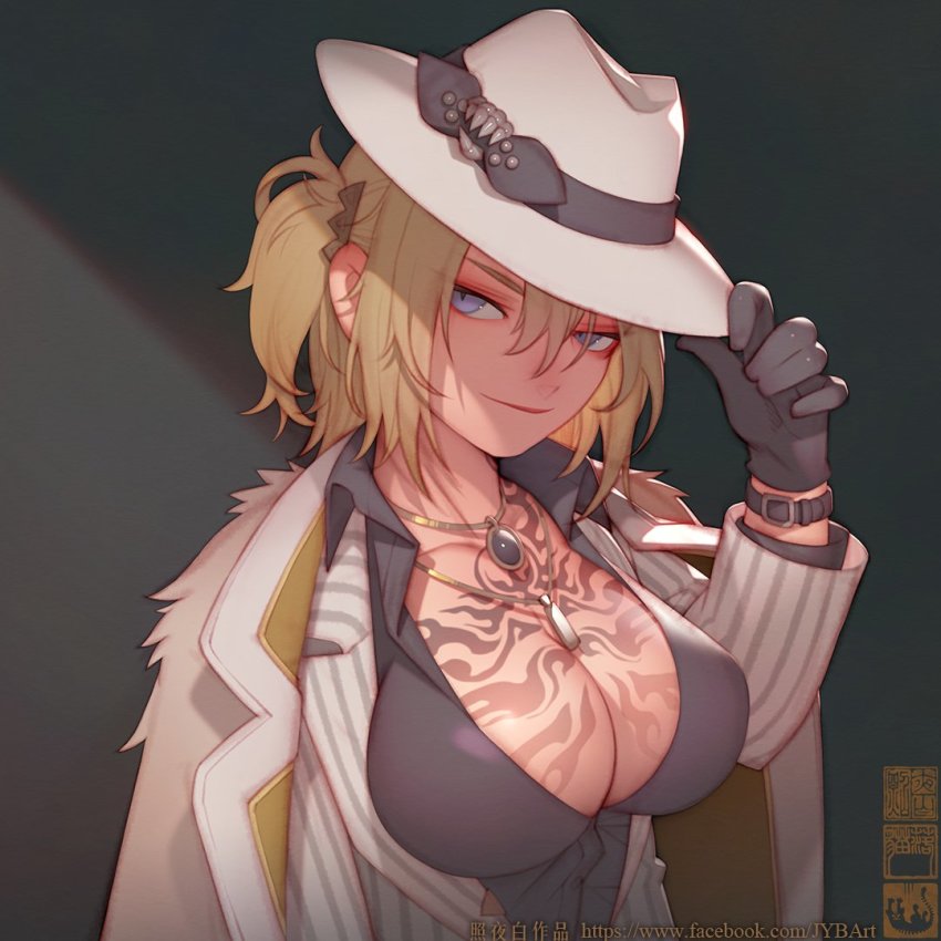 1girl black_gloves black_shirt blonde_hair breasts chest_tattoo chinese_commentary cleavage coat commentary_request dress_shirt fedora fur_coat genderswap genderswap_(mtf) gloves hair_ornament hairpin hand_on_headwear hat hat_tip jacket jewelry large_breasts long_sleeves looking_at_viewer luca_kaneshiro necklace nijisanji nijisanji_en purple_eyes shirt short_sidetail solo striped_clothes striped_shirt tattoo virtual_youtuber watch watermark web_address white_fur white_hat white_jacket zhaoyebai