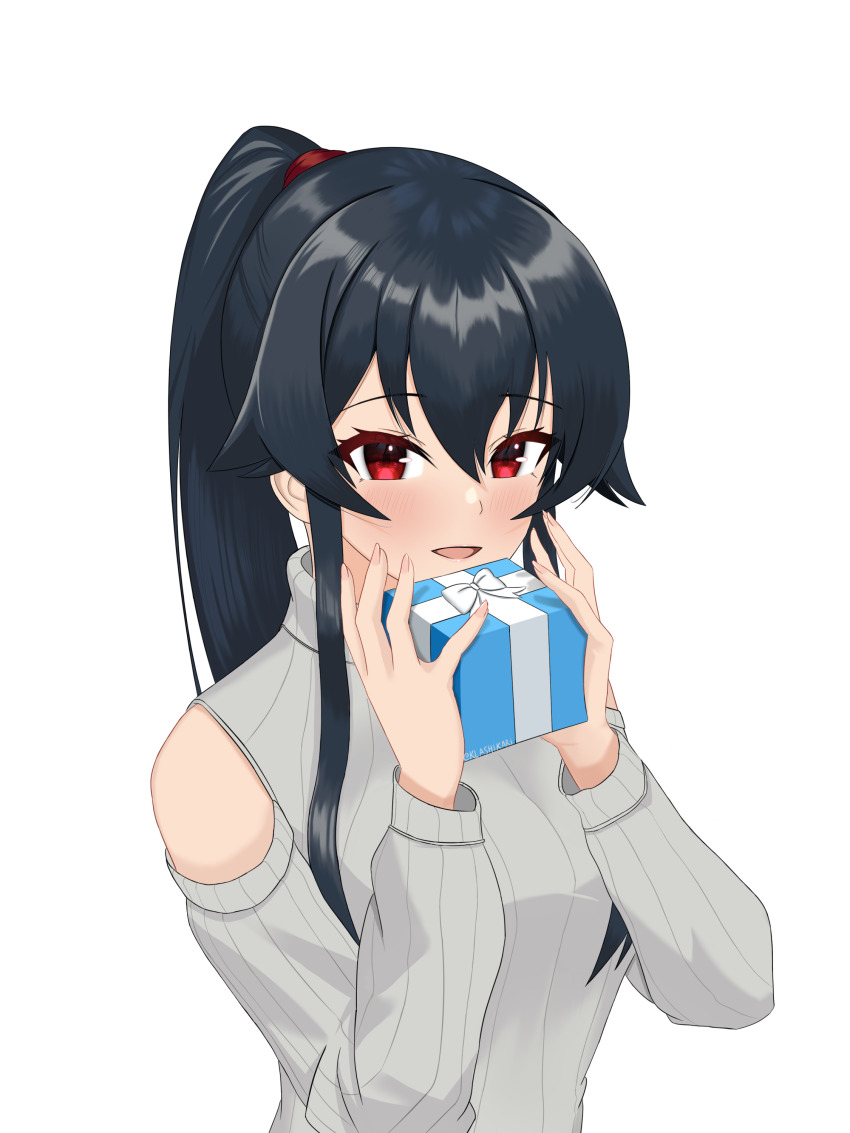 1girl absurdres alternate_costume bare_shoulders black_hair box clothing_cutout commentary_request gift gift_box grey_sweater highres kantai_collection klashikari long_hair ponytail red_eyes sidelocks simple_background smile solo sweater upper_body white_background white_day yahagi_(kancolle)