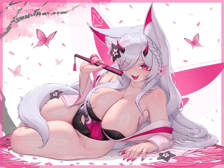 1girl animal_ears armpits bare_shoulders black_bra bra breasts bug butterfly butterfly_wings character_request cherry_blossoms commission eyes_visible_through_hair falling_petals fangs fingernails flower flower_on_head grey_hair hand_fan hanging_breasts highres horns huge_breasts insect insect_wings japanese_clothes kimono lerio_(leriodraws) long_hair petals pink_hair sharp_fingernails tail tree underwear vgen_commission virtual_youtuber wings