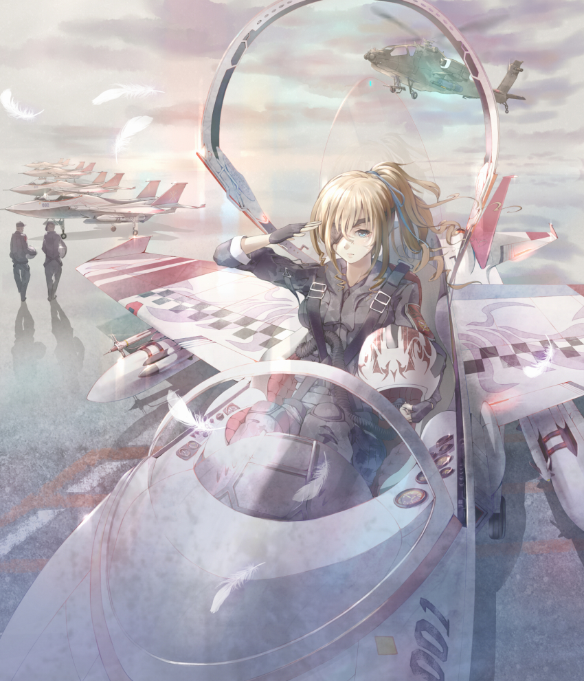 1girl 2boys ah-64 ah-64_apache aircraft airplane attack_helicopter autocannon bad_id bad_pixiv_id beret black_gloves blonde_hair blue_eyes bomb cannon chain_gun cloud cloudy_sky cockpit explosive eyepatch feathers fighter_jet fingerless_gloves flight_suit g-suit gloves gunship hair_ribbon hat helicopter helicopter_gunship helmet highres landing_gear long_hair looking_at_viewer m230_chain_gun m261 mecha_to_identify military military_vehicle miso_ni missile multiple_boys open_cockpit original pilot pilot_suit ponytail ribbon salute shadow sitting sky vehicle_focus
