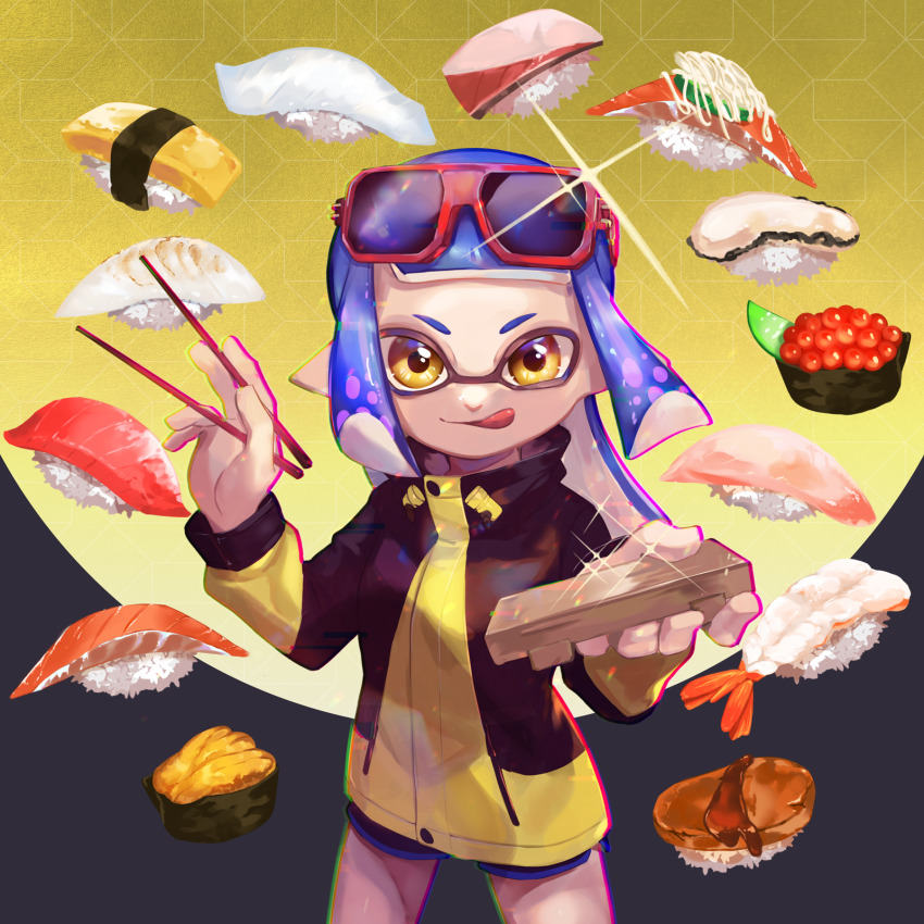 1girl :q black_jacket black_shorts blunt_bangs chopsticks closed_mouth commentary_request cowboy_shot eyewear_on_head fish_(food) food gunkanmaki highres holding holding_chopsticks ikura_(food) inkling inkling_girl inkling_player_character jacket long_hair long_sleeves looking_at_viewer multicolored_jacket nigirizushi nintendo omelet pointy_ears purple_hair red-framed_eyewear salmon short_bangs shorts shrimp solo sparkle splatoon_(series) sunglasses sushi sushi_geta tamagoyaki tentacle_hair textless_version tongue tongue_out two-tone_jacket yamagishi_chihiro yellow_eyes yellow_jacket