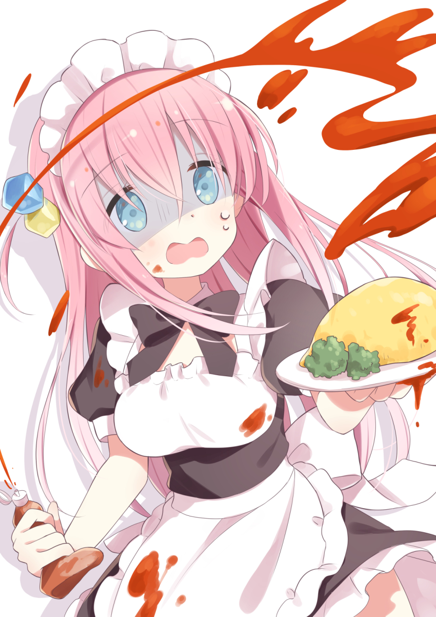 1girl black_ribbon blue_eyes bocchi_the_rock! breasts dress food gotoh_hitori highres ichiyo12 long_hair maid maid_headdress medium_breasts open_mouth pink_hair plate ribbon sauce sweat two-tone_dress upper_body white_background