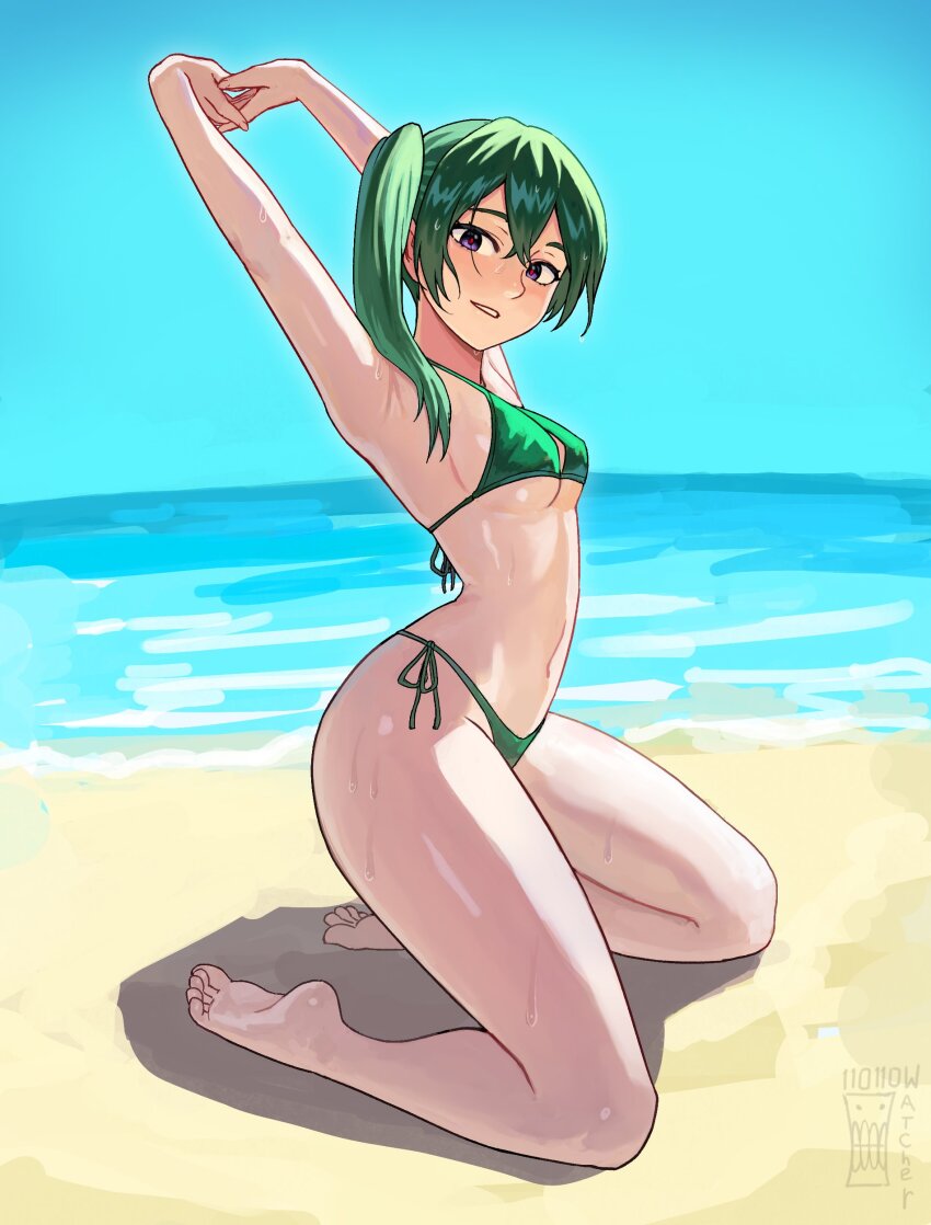 1girl absurdres armpits arms_up artist_name bare_arms bare_legs bare_shoulders barefoot beach bikini blue_sky breasts commentary day english_commentary feet full_body green_bikini green_hair hair_between_eyes highres horizon kneeling long_hair medium_breasts navel outdoors parted_lips purple_eyes red_pupils sand side-tie_bikini_bottom side_ponytail sky smile soles solo sousou_no_frieren stomach stretching sweat swimsuit ubel_(sousou_no_frieren) watcher_hollow water