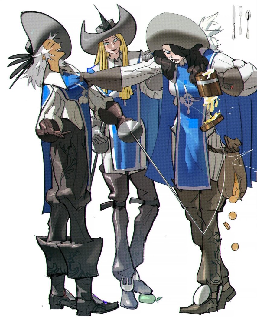 3girls ^^^ alcohol beer beer_mug black_footwear black_hair black_pants blonde_hair blue_tabard blunt_ends boots brown_footwear closed_eyes coin commentary cup drink english_commentary fork full_body gloves gold_coin green_eyes grey_footwear grey_gloves grey_hat hair_half_over_shoulder hair_over_one_eye hand_on_hilt hat hat_feather highres holding holding_drink holding_sword holding_weapon knife laughing long_hair long_sleeves looking_at_food lower_teeth_only motion_lines mug multiple_girls open_mouth original pants personification pinstripe_pants pinstripe_pattern pouch ramon_nunez rapier reference_inset rope shirt simple_background smile spoon standing straight_hair sword tabard teeth thigh_boots vertical-striped_sleeves wavy_hair weapon white_background white_hair white_pants white_shirt