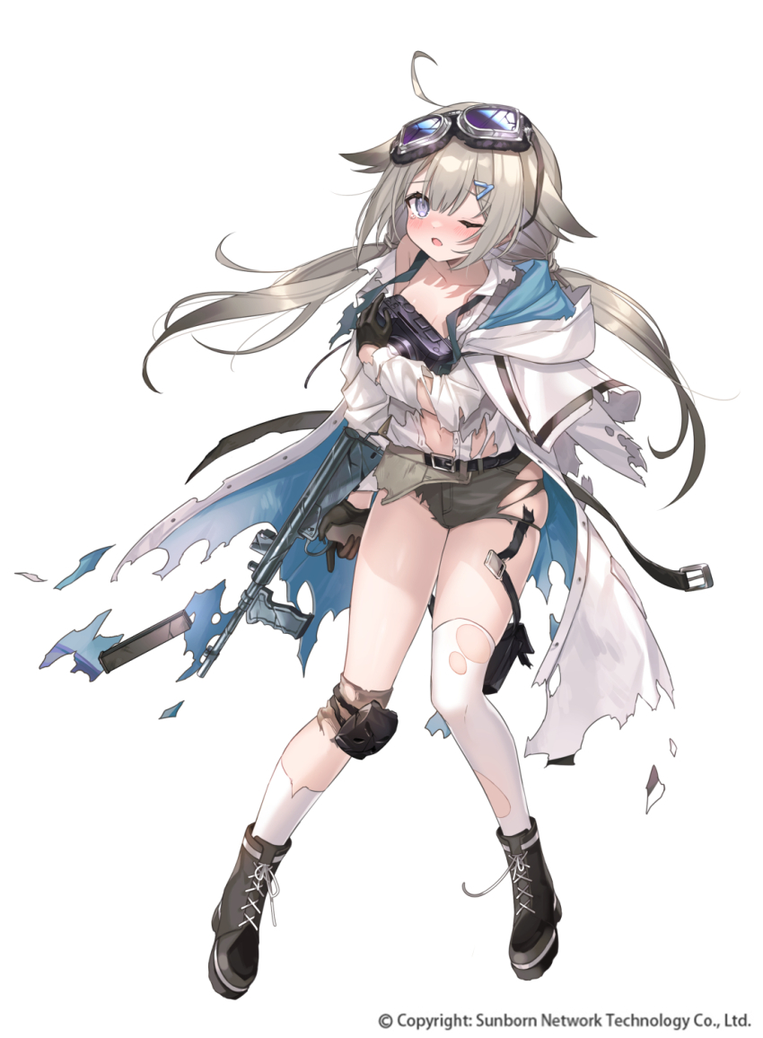 1girl ahoge asymmetrical_legwear belt belted_coat black_belt black_boots black_gloves blue_coat blue_eyes blue_necktie blush boots broken_goggles brown_shorts camera camera_around_neck coat coat_on_shoulders collared_shirt commentary_request company_name copyright_notice double-parted_bangs emblem full_body girls&#039;_frontline gloves goggles goggles_on_head grey_sweater_vest gun hair_ears hair_ornament hairclip highres holding holding_gun holding_weapon hood hood_down hooded_coat knee_pads kneehighs lace-up_boots light_brown_hair long_hair long_sleeves looking_at_viewer low_twintails necktie official_alternate_costume official_art one_eye_closed open_clothes open_coat open_mouth owen_(girls&#039;_frontline) owen_gun pouch saiki_komari shirt shorts simple_background single_knee_pad single_kneehigh single_sock single_thighhigh socks solo standing sweater_vest thigh_pouch thighhighs torn_clothes torn_coat torn_shirt torn_shorts torn_socks torn_straps torn_thighhighs trigger_discipline twintails two-sided_coat two-sided_fabric very_long_hair weapon white_background white_coat white_shirt white_socks white_thighhighs