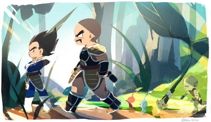 &gt;:) 2boys armor bald black_hair blue_pikmin bodystocking boots border chibi closed_mouth crossed_arms crossover day dragon_ball dragonball_z facial_hair from_side full_body gloves height_difference highres long_hair long_sleeves looking_at_another multiple_boys mustache nappa nintendo outdoors pikmin_(creature) pikmin_(series) red_pikmin roku_(roku_0141) saibaiman saiyan_armor size_difference smile v-shaped_eyebrows vegeta walking white_border yellow_pikmin