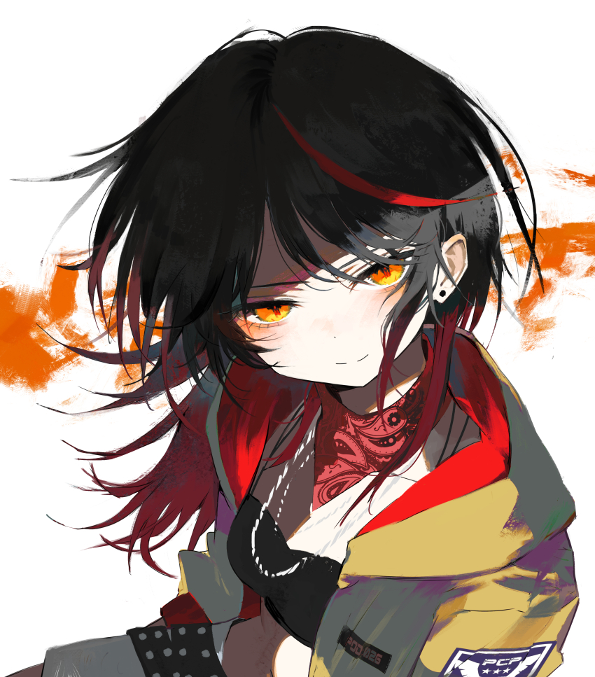 1girl absurdres black_bra black_hair bra highres jacket looking_at_viewer multicolored_hair neckerchief open_clothes open_jacket orange_eyes original red_hair red_neckerchief solo streaked_hair tekito_midori underwear upper_body white_background