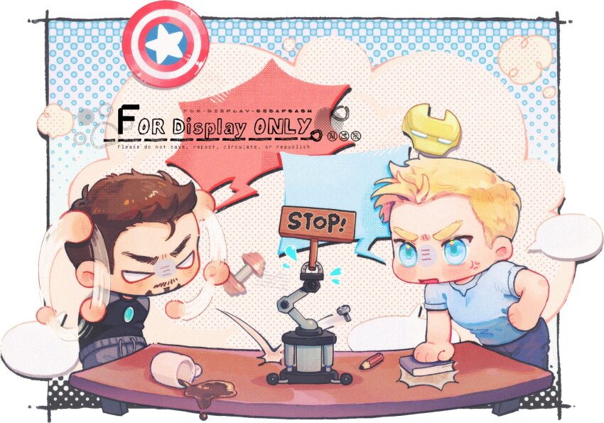 2boys anger_vein angry animification arc_reactor armor avengers_(series) black_shirt blank_speech_bubble blonde_hair blue_eyes blue_pants blue_shirt bolt_(hardware) book border brown_hair clenched_hands coffee commentary cup dumbbell english_commentary facial_hair flying_sweatdrops grey_pants hand_on_own_hip helmet highres looking_at_another male_focus marvel marvel_cinematic_universe mechanical_arms multiple_boys no_mouth open_mouth outside_border pants peachline1106 pencil polka_dot polka_dot_background robot shield shirt short_hair short_sleeves speech_bubble standing star_(symbol) steve_rogers t-shirt table tony_stark v-shaped_eyebrows white_border yellow_armor yellow_background