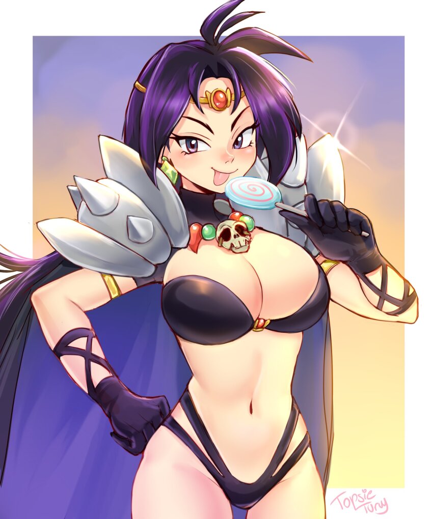 1girl absurdres armor bikini black_bikini breasts candy cape circlet cleavage cropped_legs crystal_earrings earrings food gloves hand_on_own_hip highleg highleg_bikini highres jewelry large_breasts licking lollipop long_hair naga_the_serpent navel necklace pauldrons purple_eyes purple_hair revealing_clothes shoulder_armor shoulder_spikes simple_background skull skull_necklace slayers solo spiked_pauldrons spikes standing swimsuit tongue topsieturvy