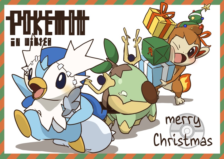 absurdres black_eyes blush box chimchar christmas commentary_request copyright_name cosplay delibird delibird_(cosplay) fire game_freak gen_2_pokemon gen_4_pokemon gift gift_box highres holding holding_gift merry_christmas nikkado nintendo no_humans open_mouth piplup poke_ball_symbol pokemon pokemon_(creature) ribbon standing stantler stantler_(cosplay) starter_pokemon_trio tongue turtwig