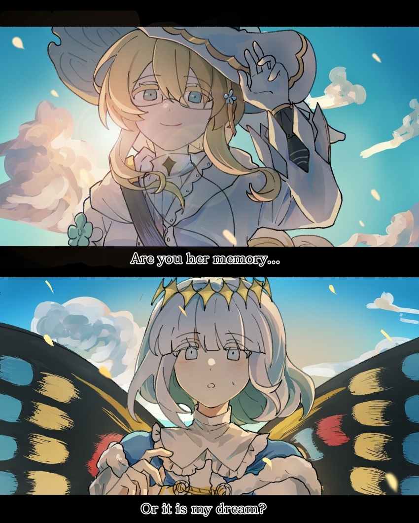 1boy 1girl aesc_(fate) aesc_(rain_witch)_(fate) artist_request blonde_hair blue_eyes blush butterfly_wings commission fate/grand_order fate_(series) glasses hair_between_eyes hat highres insect_wings long_hair looking_at_viewer oberon_(fate) oberon_(first_ascension)_(fate) second-party_source short_hair smile wings witch_hat