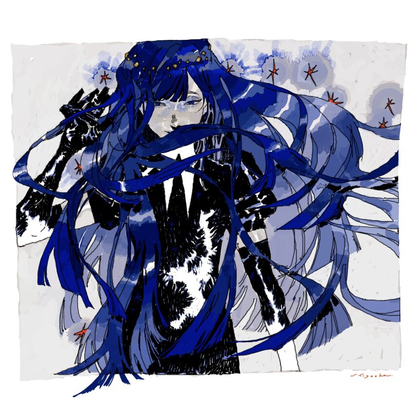 1other androgynous black_gloves black_jacket black_necktie blue_eyes blue_hair border elbow_gloves floating_hair gem_uniform_(houseki_no_kuni) gloves grey_background highres houseki_no_kuni jacket long_hair looking_at_viewer necktie other_focus phosphophyllite phosphophyllite_(ll) puffy_short_sleeves puffy_sleeves shigeoka_(omimo) shirt short_sleeves solo upper_body white_border white_shirt