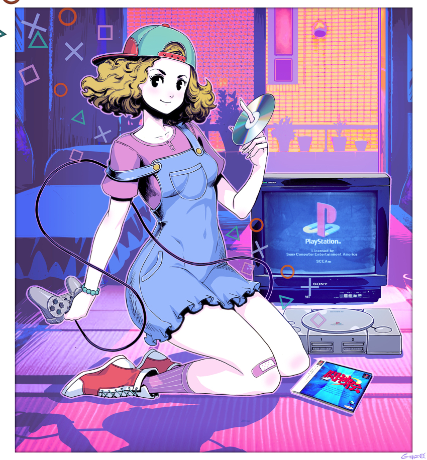 1girl album_cover bandaid blush breasts brown_eyes brown_hair cover game_console genzoman hat highres looking_at_viewer okumura_haru overalls persona persona_5 pink_shirt playstation_1 playstation_logo shirt shoes short_hair sitting smile solo