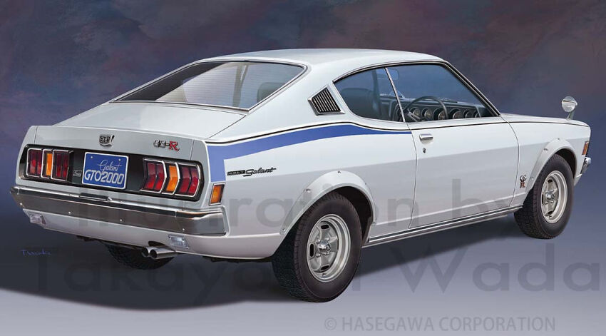 artist_name box_art car from_behind grey_background hasegawa_(hobby_kits) mitsubishi_galant_gto mitsubishi_motors motor_vehicle muscle_car no_humans official_art shadow solo textless_version vehicle_focus wada_takayoshi watermark wheel