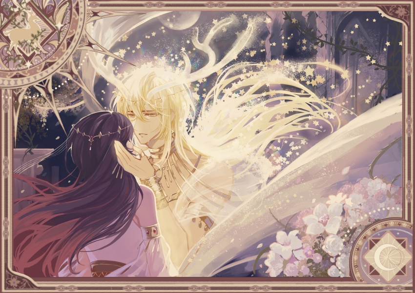 1boy 1girl absurdres alkaid_mcgrath alkaid_mcgrath_(spirit_world) antlers arch armlet black_hair blonde_hair border bracer chinese_commentary colored_tips crying crying_with_eyes_open detached_sleeves disintegration earrings facing_away floating_hair flower full_moon gold_collar gold_necklace green_eyes hair_between_eyes hand_on_another&#039;s_face head_chain heroine_(lovebrush_chronicles) highres hoop_earrings horns jewelry long_hair long_sleeves looking_at_another lovebrush_chronicles moon multicolored_hair necklace night ornate_border parted_lips pillar plant puffy_long_sleeves puffy_sleeves purple_flower red_hair see-through_clothes see-through_shawl shawl shirt sleeveless sleeveless_shirt smile snow234 spoilers star_(symbol) tears topless_male upper_body vines watermark weibo_watermark white_flower white_shawl white_shirt