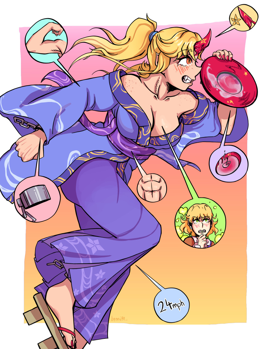 abs absurdres bennjye blonde_hair blue_kimono breasts cleavage clenched_hand clenched_teeth collarbone cuffs cup fangs floral_print floral_print_skirt freckles from_side green_eyes highres holding holding_plate horns hoshiguma_yuugi japanese_clothes kimono mizuhashi_parsee obi orange_eyes plate platform_sandals pointing_out_the_details pointy_ears ponytail print_skirt purple_skirt red_horns red_nails sakazuki sandals sash sidelocks single_horn skirt teeth touhou wave_print yukata