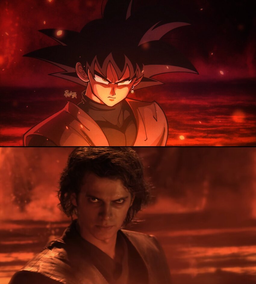 2boys anakin_skywalker anakin_skywalker_(cosplay) black_hair cosplay covered_collarbone dragon_ball dragon_ball_super earrings goku_black highres jewelry lava looking_at_viewer male_focus multiple_boys outdoors potara_earrings renatt_(rntt_o) serious short_hair spiked_hair star_wars star_wars:_revenge_of_the_sith
