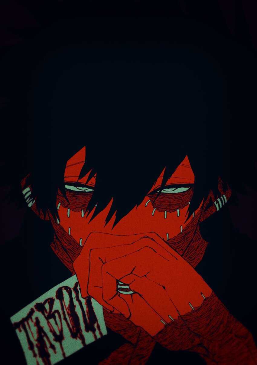 1boy black_background boku_no_hero_academia burn_scar cheek_piercing covered_mouth dabi_(boku_no_hero_academia) face_piercing highres holding looking_at_viewer male_focus multiple_piercings multiple_scars piercing red_theme scar scar_on_face shigeru_(shigeru_no_ttt) simple_background solo staple stapled upper_body wrinkled_skin