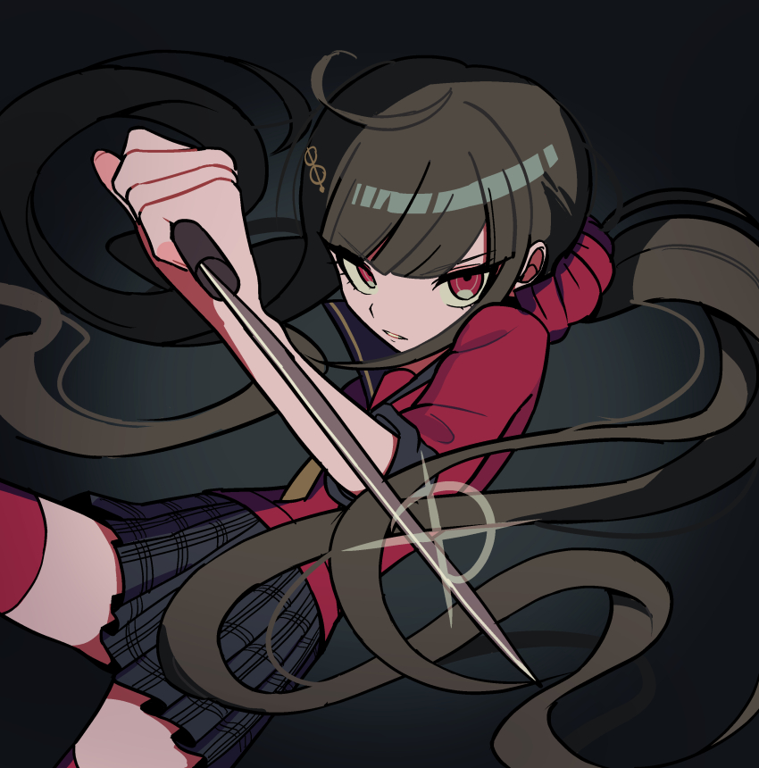 absurdres brown_hair danganronpa_(series) danganronpa_v3:_killing_harmony harukawa_maki highres hiuhhhhhh holding holding_knife knife looking_at_viewer low_twintails red_eyes red_shirt red_thighhighs shirt thighhighs twintails