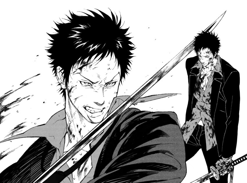 1boy angry black_hair black_jacket black_pants blood blood_on_clothes blood_on_face blood_splatter clenched_teeth closed_mouth collarbone collared_shirt commentary feet_out_of_frame highres holding holding_sword holding_weapon jacket katana katekyo_hitman_reborn! long_sleeves looking_ahead male_focus monochrome multiple_views open_clothes open_shirt pants shirt short_hair simple_background suit_jacket sword symbol-only_commentary teeth umkaqryi upper_body veins veiny_neck weapon white_background yamamoto_takeshi