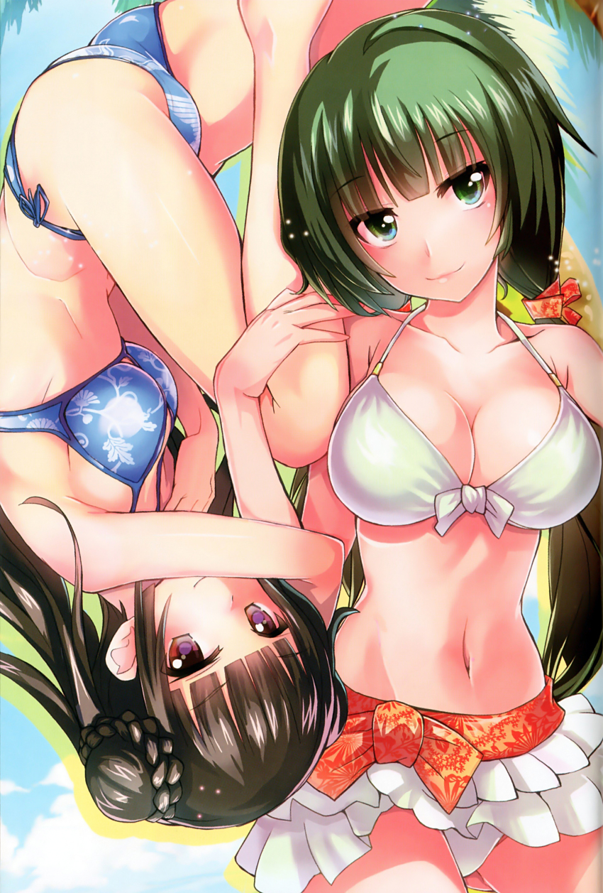 2girls absurdres bare_legs bare_shoulders barefoot bikini bikini_skirt black_hair blue_bikini blunt_bangs breasts cleavage collarbone double_bun fushikawa_kokoro green_hair hair_bun head_tilt highres long_hair looking_at_viewer low_twintails lying maji_de_watashi_ni_koi_shinasai! mayuzumi_yukie multiple_girls navel on_side print_bikini red_eyes scan side-tie_bikini_bottom smile swimsuit tamon_ketsuyuki twintails white_bikini