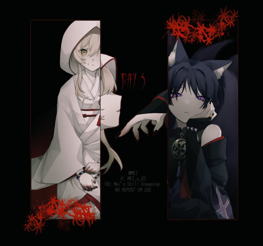 1boy 1girl alternate_costume animal_ears blonde_hair bride commentary english_commentary english_text flower fox_boy fox_ears fox_tail genshin_impact hand_on_own_face highres japanese_clothes kimono kitsune lumine_(genshin_impact) mei_x_02 purple_eyes purple_hair scaramouche_(genshin_impact) shiromuku short_hair sidelocks spider_lily tail uchikake yellow_eyes