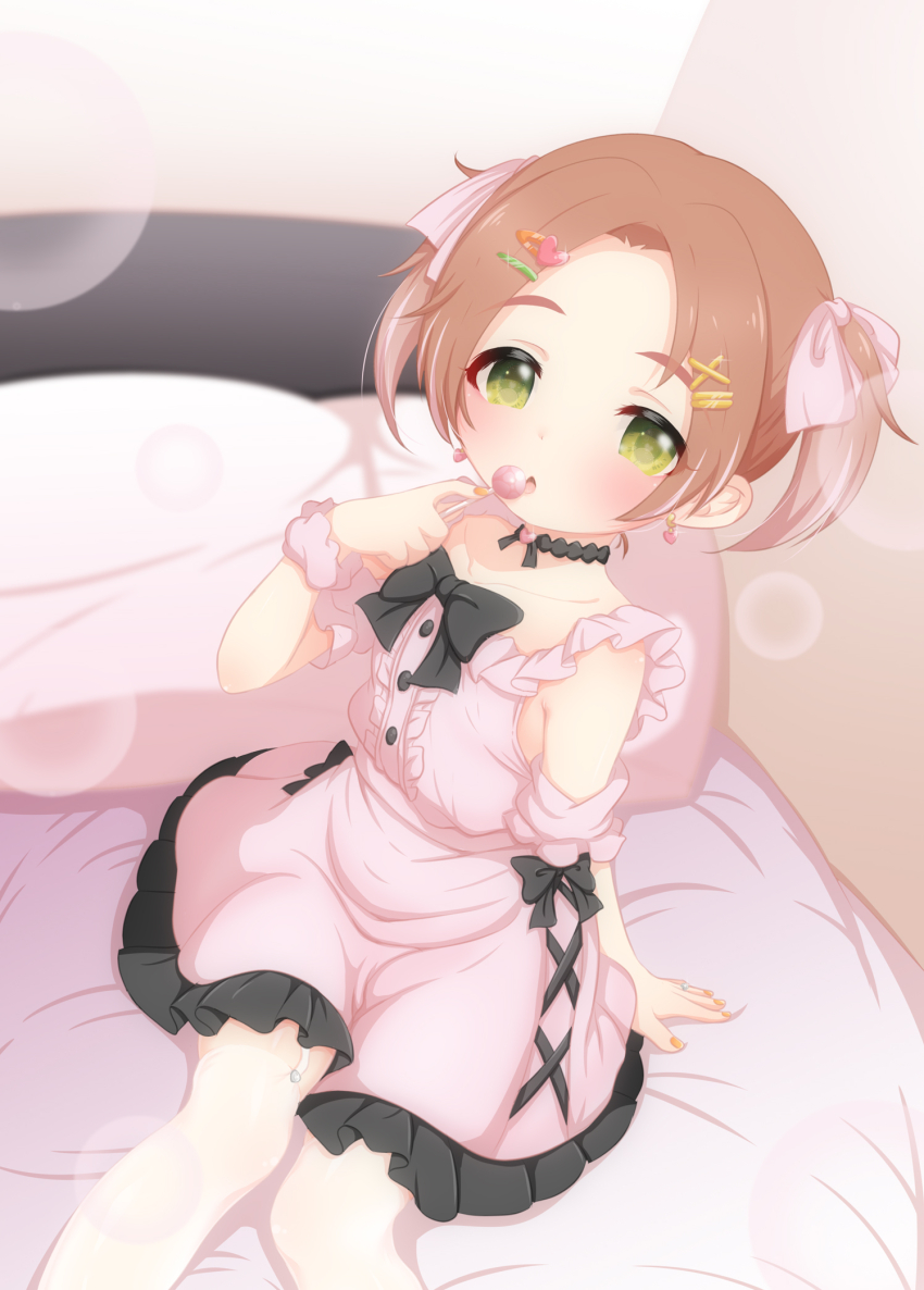 1girl bed black_bow bow brown_hair candy chestnut_mouth choker collarbone commentary_request dress earrings feet_out_of_frame fingernails food garter_straps hair_bow hair_ornament hairclip hand_on_bed heart heart_choker heart_earrings heart_hair_ornament heart_in_eye highres holding holding_candy holding_food holding_lollipop hosizora_mikoto idolmaster idolmaster_cinderella_girls jewelry jirai_kei lollipop looking_at_viewer nail_polish on_bed open_mouth orange_nails pillow pink_bow pink_dress pink_scrunchie ring ryuzaki_kaoru scrunchie short_hair sitting sleeveless sleeveless_dress solo symbol_in_eye thighhighs twintails white_thighhighs wrist_scrunchie yellow_eyes