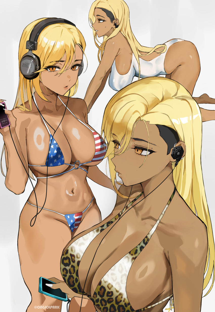 1girl absurdres all_fours american_flag american_flag_bikini american_flag_print animal_print audeze audeze_isine10 bare_arms bare_shoulders beyerdynamic bikini black_hair blonde_hair breasts cable cleavage commentary curvy dark-skinned_female dark_skin duplicate english_commentary feet_out_of_frame fingernails flag_print flag_print_bikini from_side grey_background gyaru hair_behind_ear hair_between_eyes hanging_breasts headphones highres holding_mp3_player large_breasts leopard_print leopard_print_bikini long_fingernails long_hair media_player_interface mole mole_above_eye mp3_player multiple_views navel o-ring o-ring_top orange_eyes original park_ongjol pixel-perfect_duplicate print_bikini profile ring_light_reflection rock_fan_gyaru_(park_ongjol) string_bikini swimsuit thick_thighs thighs twitter_username undercut upper_body white_nails