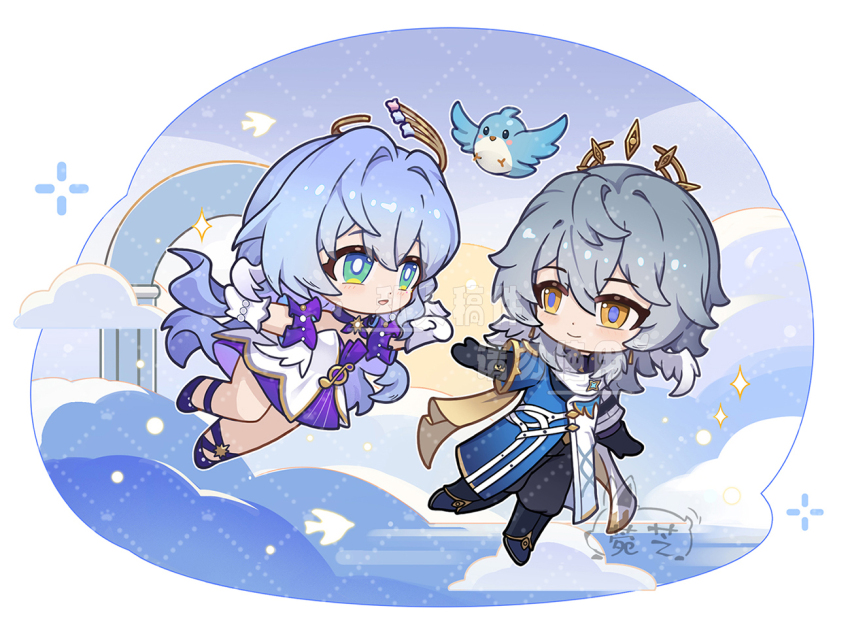 1boy 1girl :d bird black_gloves black_pants blue_hair blue_pupils blue_shirt blush bright_pupils brother_and_sister chibi chibi_only chinese_commentary closed_mouth commentary_request dot_nose double-parted_bangs dress full_body gloves green_eyes green_hair hair_between_eyes halo head_wings honkai:_star_rail honkai_(series) long_hair open_mouth outdoors outline outstretched_arm pants purple_dress purple_shoes robin_(honkai:_star_rail) scarf shirt shoes siblings smile sparkle sunday_(honkai:_star_rail) two-tone_dress wanzhizhiwanzi white_dress white_gloves white_outline white_pupils white_scarf wings yellow_eyes