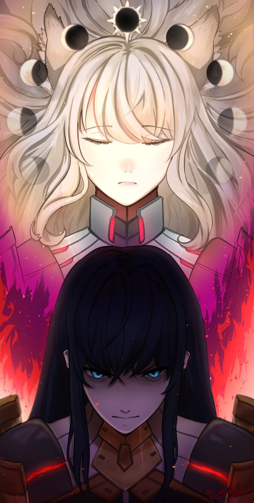1boy 1girl animal_ear_fluff animal_ears armor blue_eyes blue_hair cat_ears cat_girl closed_eyes closed_mouth commentary english_commentary eyelashes fire highres long_hair m_(xenoblade) moon_phases n_(xenoblade) shaded_face shuuujo xenoblade_chronicles_(series) xenoblade_chronicles_3