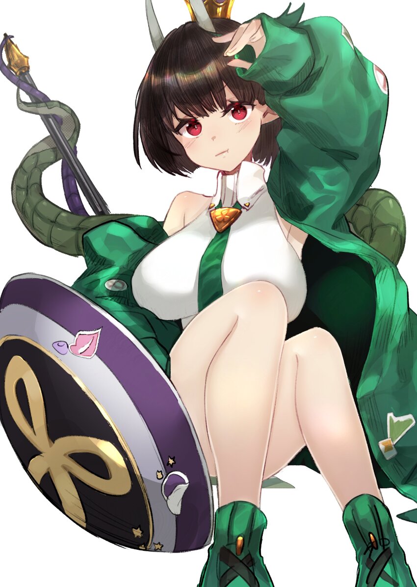 1girl absurdres aquact bare_shoulders biscione_(fate) biscione_(second_ascension)_(fate) black_hair blush breasts collared_dress crown dragon_girl dragon_tail dress fate/grand_order fate_(series) green_jacket green_shoes highres horns jacket large_breasts long_sleeves looking_at_viewer mini_crown multicolored_hair necktie off_shoulder open_clothes pointy_ears polearm red_eyes shield shoes short_dress short_hair sitting sneakers solo spear streaked_hair tail thighhighs weapon white_dress white_thighhighs