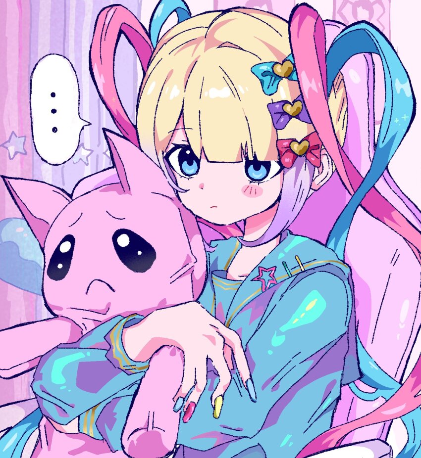 ... 1girl blonde_hair blue_bow blue_eyes blue_hair blue_sailor_collar blue_shirt blush blush_stickers bow chouzetsusaikawa_tenshi-chan gradient_hair hair_bow hair_ornament hashtag-only_commentary highres itomakirichan long_hair long_sleeves multicolored_hair multicolored_nails multiple_hair_bows nail_polish needy_girl_overdose pien_cat_(needy_girl_overdose) pink_bow pink_hair purple_bow purple_hair quad_tails sailor_collar shirt solo speech_bubble spoken_ellipsis star_(symbol) stuffed_animal stuffed_cat stuffed_toy very_long_hair