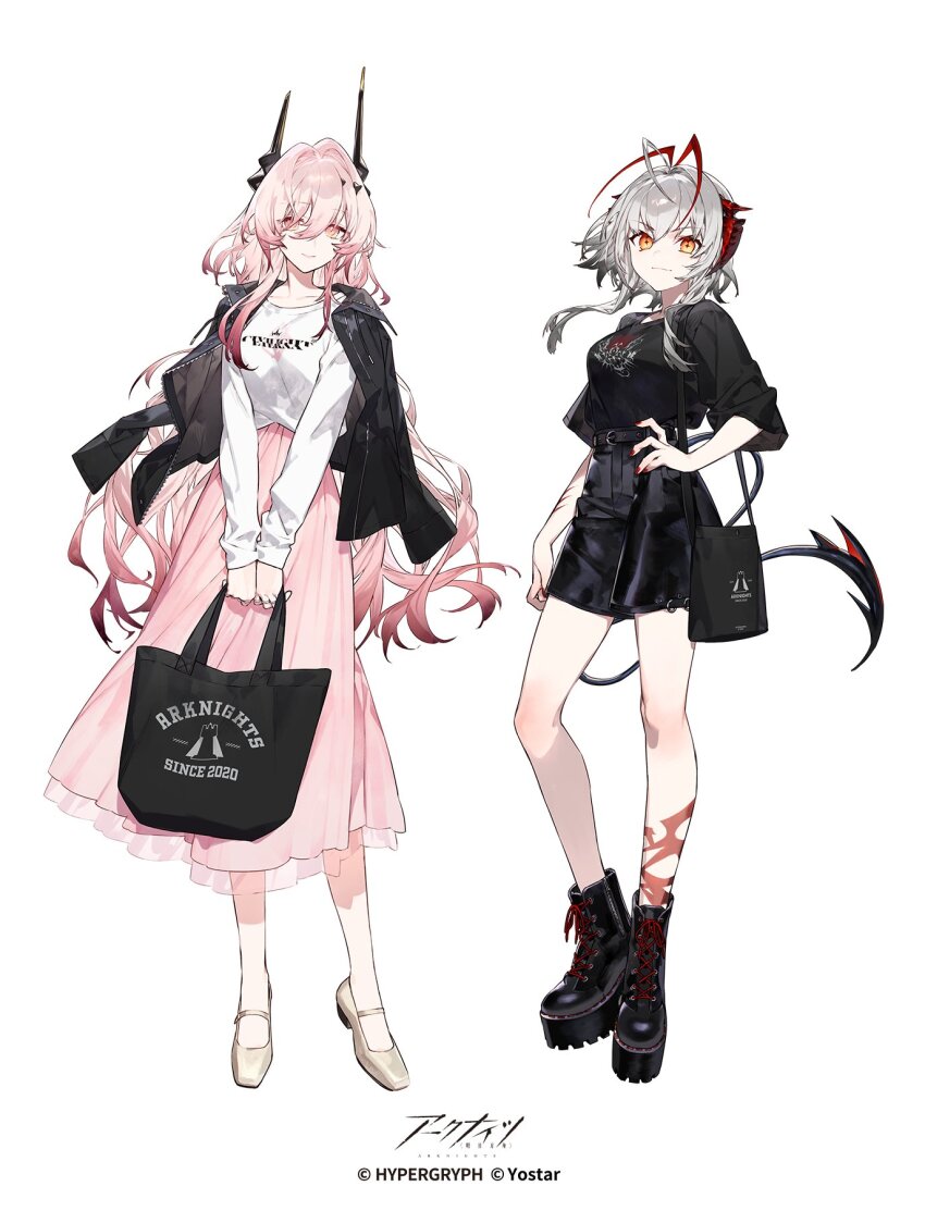 2girls alternate_costume antenna_hair antennae arknights bag black_shirt boots casual copyright_name demon_girl demon_horns demon_tail fashion grey_hair hair_between_eyes highres horns jacket jacket_on_shoulders light_smile long_hair long_skirt long_sleeves mary_janes material_growth multiple_girls nail_polish noco_(adamas) official_art oripathy_lesion_(arknights) pink_eyes pink_hair platform_boots red_horns red_nails rhodes_island_logo_(arknights) shirt shoes short_hair short_sleeves shoulder_bag sidelocks skirt smirk tail theresa_(arknights) very_long_hair w_(arknights) yellow_eyes