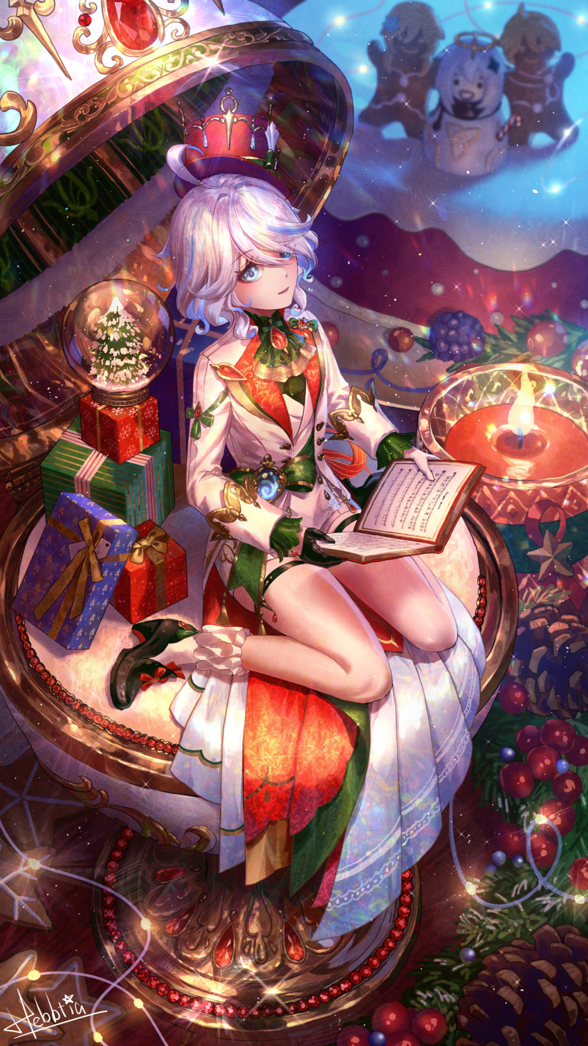 1girl aether_(genshin_impact) ahoge alternate_color anklet ascot bare_legs black_boots black_gloves blue_eyes blue_hair book boots bow buttons cable candle chest_jewel christmas coattails collar collared_jacket commentary english_commentary eyelashes fire footwear_bow frilled_sleeves frills full_body furina_(genshin_impact) gem genshin_impact gift gingerbread_man gloves green_ascot green_vest hair_over_one_eye half_gloves hat hebbtia high_heel_boots high_heels highres holding holding_book jacket jewelry knees layered_sleeves long_sleeves looking_at_viewer lumine_(genshin_impact) medium_hair mini_hat mini_person mini_top_hat minigirl multicolored_hair open_book paimon_(genshin_impact) parted_lips red_bow red_collar red_gemstone revision sheet_music shirt short_shorts shorts signature single_glove sitting smile snow_globe snowing socks solo streaked_hair top_hat vest wariza wavy_hair white_hair white_jacket white_shirt white_sleeves white_socks