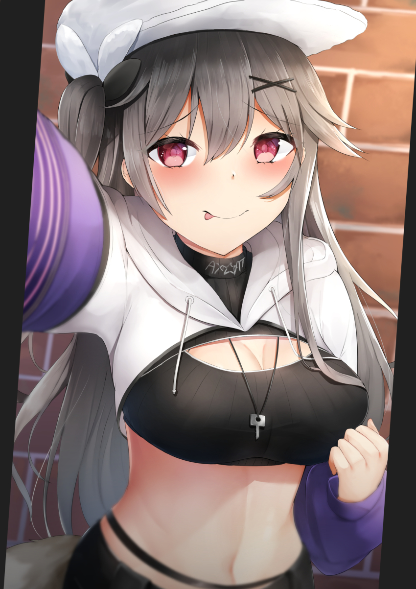 1girl arm_up azur_lane blush breasts cleavage commentary_request cowboy_shot grey_hair hair_between_eyes hat highres jewelry key key_necklace large_breasts looking_at_viewer midriff navel necklace nori_aji pamiat_merkuria_(azur_lane) pamiat_merkuria_(chic_and_cheeky)_(azur_lane) red_eyes selfie sidelocks smile solo standing white_hat