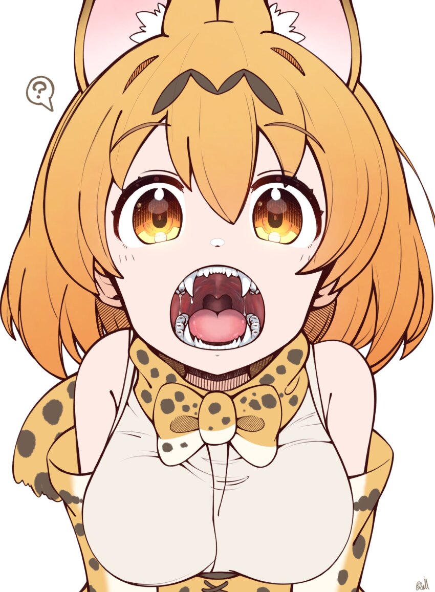 1girl ? animal_ears animal_print bare_shoulders blonde_hair bow bowtie cat_ears cat_girl cat_print elbow_gloves extra_ears fangs gloves hair_between_eyes high-waist_skirt highres jaws kemono_friends looking_at_viewer multicolored_hair open_mouth orange_eyes print_bow print_bowtie print_gloves print_skirt rakugakiraid saliva serval_(kemono_friends) shirt sidelocks skirt sleeveless solo spoken_question_mark teeth upper_body white_shirt
