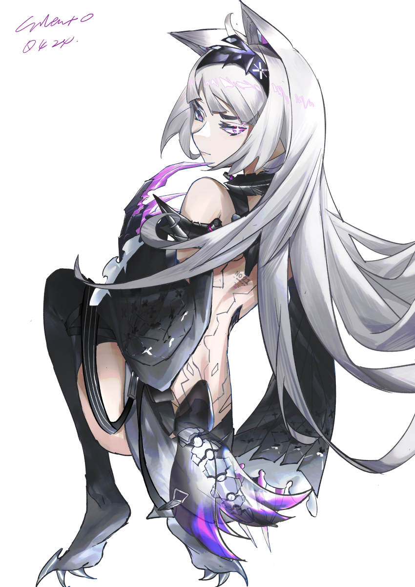 1girl absurdres animal_ears artist_name back_tattoo backless_outfit black_hairband black_thighhighs character_name detached_sleeves grey_eyes grey_hair hairband highres huge_claws long_hair long_sleeves looking_at_viewer looking_back mechanical_ears mechanical_spine mechanical_tail multiple_tails no._21:_feral_scent_(pgr) no._21_(pgr) punishing:_gray_raven purple_eyes sidelocks signature silento solo tail tattoo thighhighs wide_sleeves wolf_ears wolf_tail