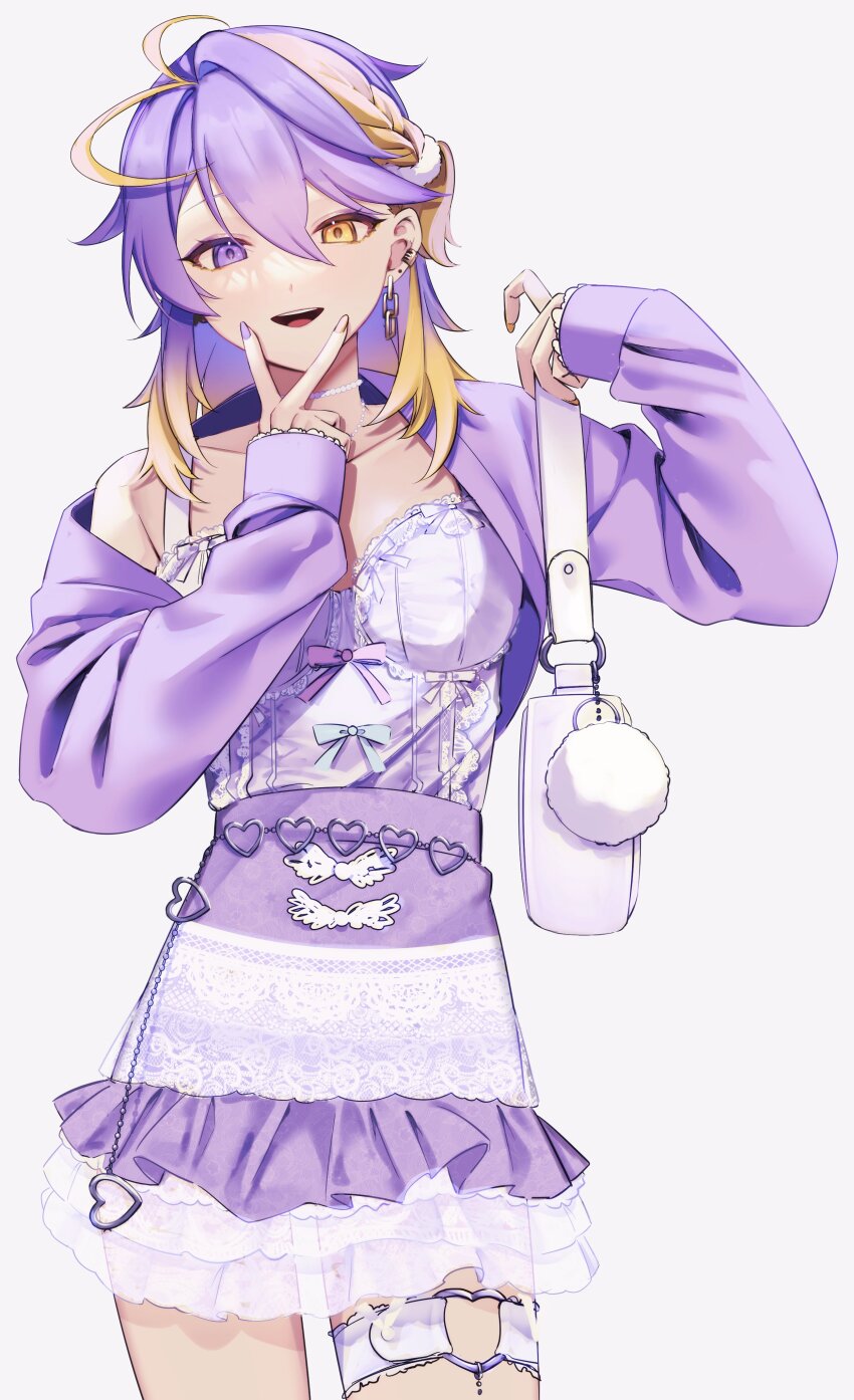 1boy absurdres aster_arcadia bag blonde_hair commentary crossdressing crossdressing_(mtf) dress earrings gradient_hair heterochromia highres jacket jewelry male_focus medium_hair multicolored_hair nail_polish nijisanji nijisanji_en open_clothes open_jacket peridot_(periperi_8) purple_dress purple_eyes purple_hair purple_jacket purple_nails shoulder_bag simple_background solo streaked_hair symbol-only_commentary v v_over_mouth virtual_youtuber white_background yellow_eyes yellow_nails