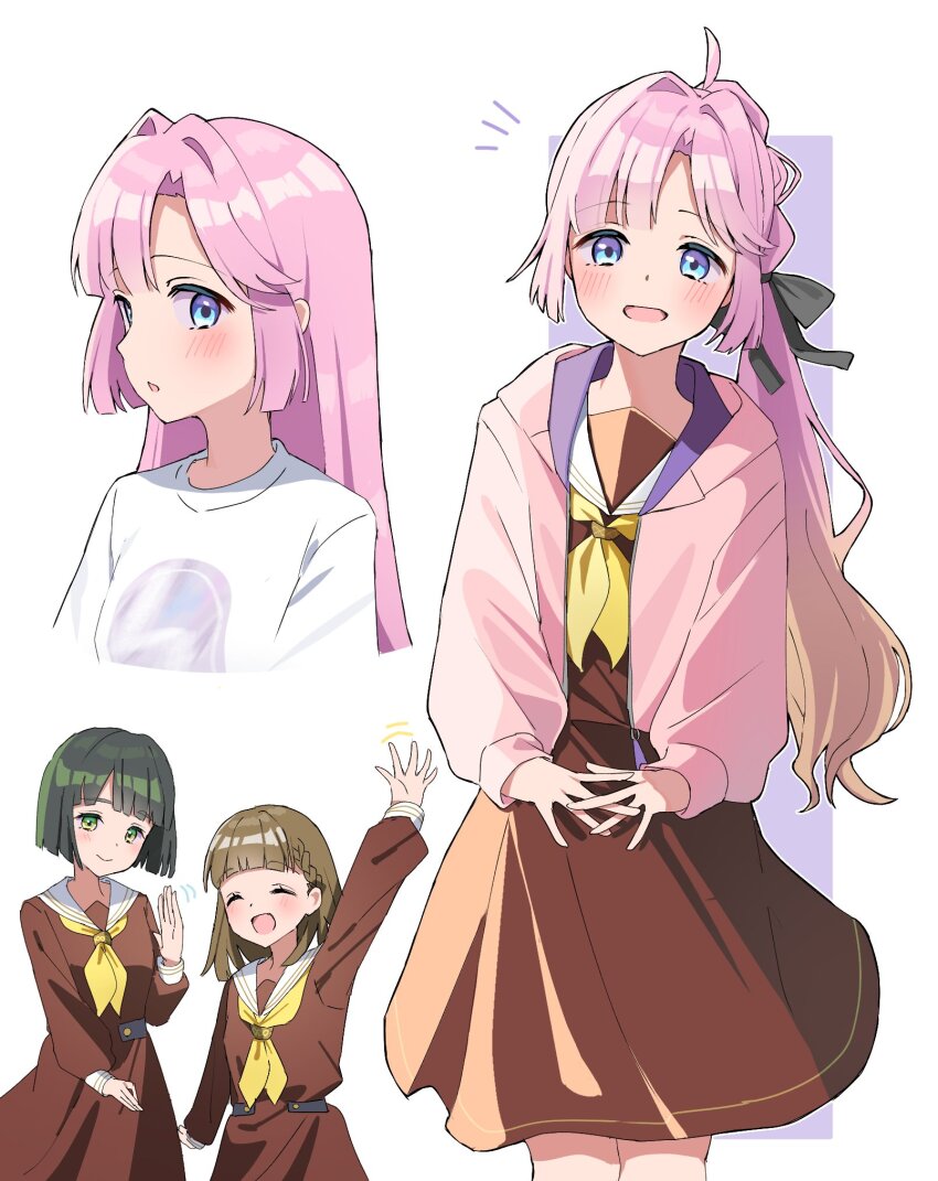 3girls :d ^_^ ahoge anyoji_hime anyoji_hime_(summer_loungewear) black_hair blunt_bangs blunt_ends blunt_sidelocks blush bob_cut braid brown_dress brown_hair center-flap_bangs closed_eyes commentary cropped_torso curtained_hair dress feet_out_of_frame gradient_hair hair_intakes hasu_no_sora_school_uniform highres hood hooded_jacket jacket kachimachi_kosuzu kai_(shell) link!_like!_love_live! long_hair long_sleeves looking_at_viewer love_live! medium_dress momose_ginko multi-tied_hair multicolored_hair multiple_girls multiple_views neckerchief notice_lines open_clothes open_jacket open_mouth own_hands_together parted_lips pink_jacket pleated_dress ponytail profile sailor_collar sailor_dress school_uniform shirt side_braids sidelocks sideways_mouth smile standing straight_hair t-shirt two-tone_hair virtual_youtuber white_background white_sailor_collar white_shirt winter_uniform yellow_neckerchief