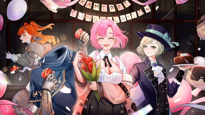 1boy 3girls ^_^ a_knight_(reverse:1999) apple apple_(reverse:1999) armor ascot balloon black_bow black_bowtie black_coat black_hat black_skirt blue_bow blue_cape boater_hat bow bowtie breasts cake cape character_balloon checkered_hairband chocolate_cake cleavage cleavage_cutout closed_eyes clothing_cutout coat confetti ezra_theodore facing_viewer flower food fruit gauntlets gloves grey_cloak grey_eyes grey_hair grey_sleeves hair_bun hairband hand_up hat hat_bow highres holding holding_flower holding_party_popper holding_plate indoors invisible large_breasts long_hair marcus_(reverse:1999) multiple_girls open_mouth original ornate_armor p0popipo party_popper pink_coat pink_hair plate profile red_flower regulus_(reverse:1999) reverse:1999 shirt short_hair single_side_bun skirt sonetto_(reverse:1999) streamers too_many_balloons traditional_bowtie two_side_up upper_body vertin_(reverse:1999) white_ascot white_gloves white_shirt