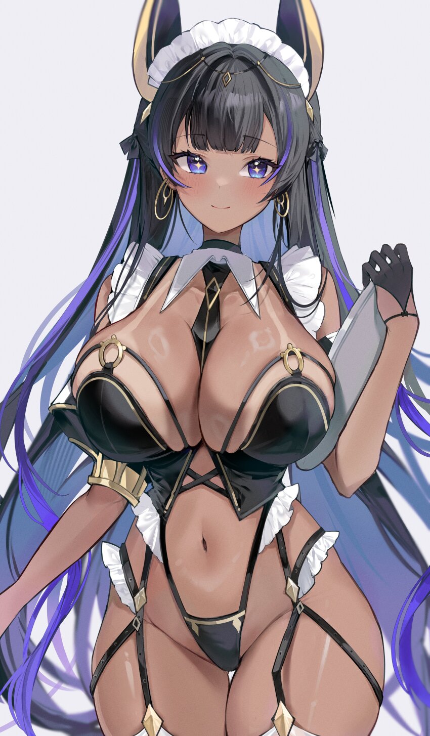 1girl absurdres ancient_egyptian animal_ears azur_lane between_breasts black_hair black_panties blush breasts cleavage cleopatra_(azur_lane) colored_inner_hair commentary dark-skinned_female dark_skin frills gold_armlet gold_trim gurami_(zangizarang) highres holding holding_tray jackal_ears jackal_girl large_breasts long_hair looking_at_viewer maid_headdress multicolored_hair navel necktie panties purple_eyes purple_hair revealing_clothes simple_background smile solo standing streaked_hair symbol-only_commentary symbol-shaped_pupils tan tanline thighhighs tray underwear very_long_hair white_background white_thighhighs