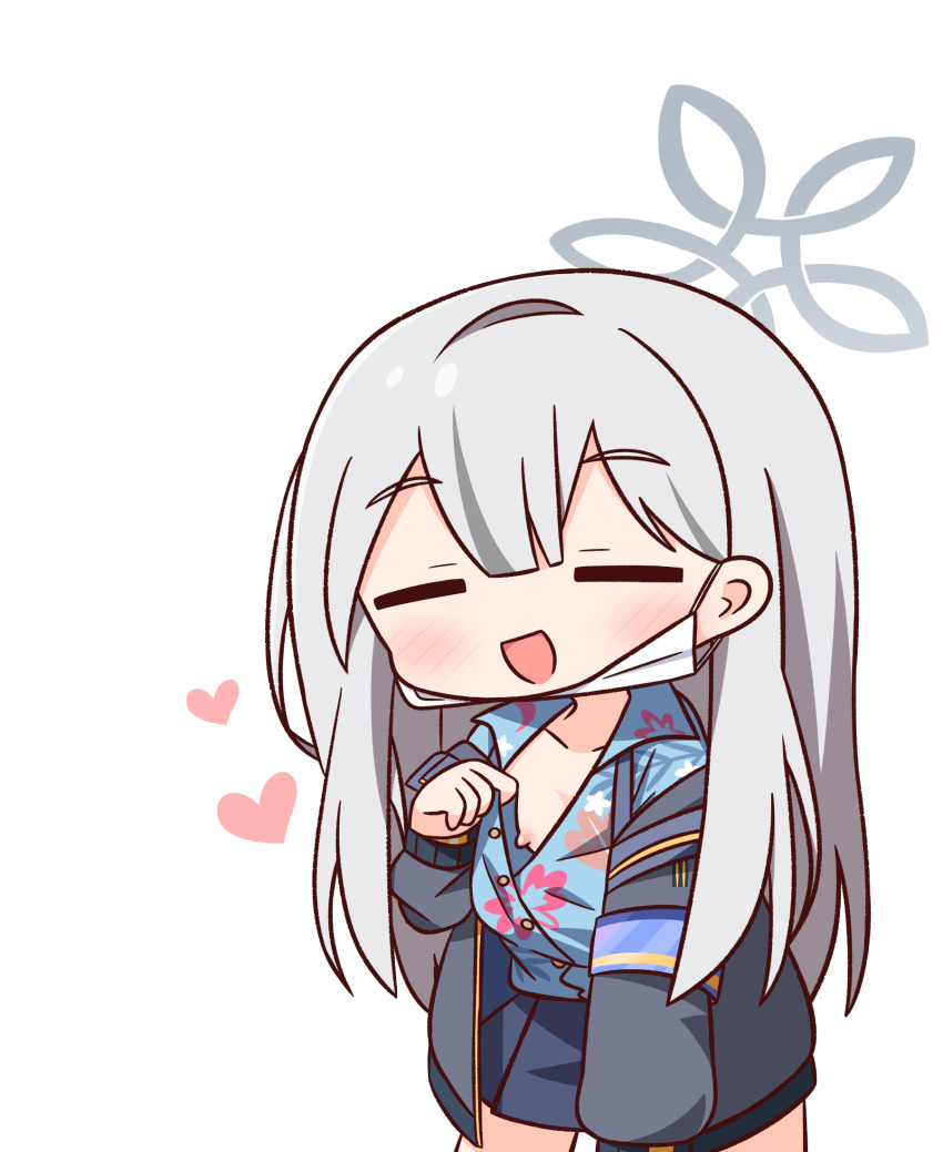 1girl :d blue_archive blue_shirt blue_skirt blush chibi closed_eyes collarbone collared_shirt dress_shirt facing_viewer grey_hair grey_jacket hair_between_eyes halo hana_kazari hand_up hawaiian_shirt heart highres jacket konoka_(blue_archive) long_sleeves mask mask_pull mouth_mask nipples open_clothes open_jacket open_mouth pleated_skirt puffy_long_sleeves puffy_sleeves shirt simple_background skirt smile solo standing surgical_mask white_background